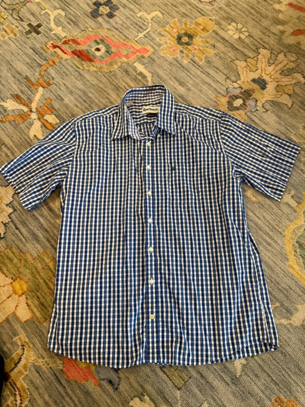 Barbour short-sleeve button-down shirt blue white check size Large